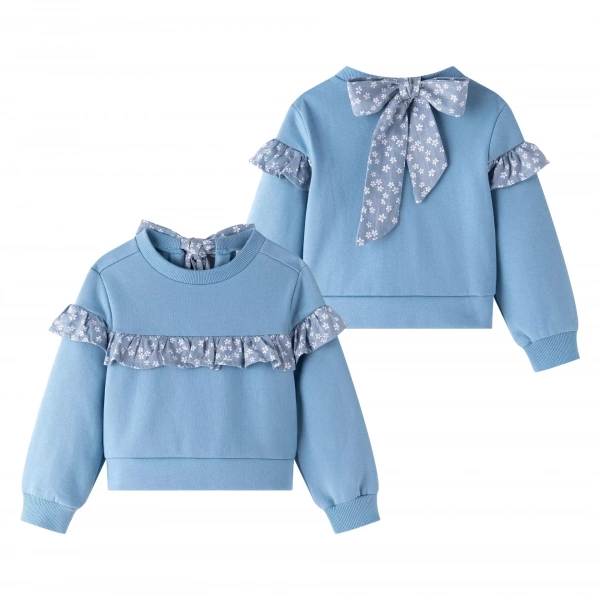 Sudadera niña azul con flores volante Newness - Imagen 3